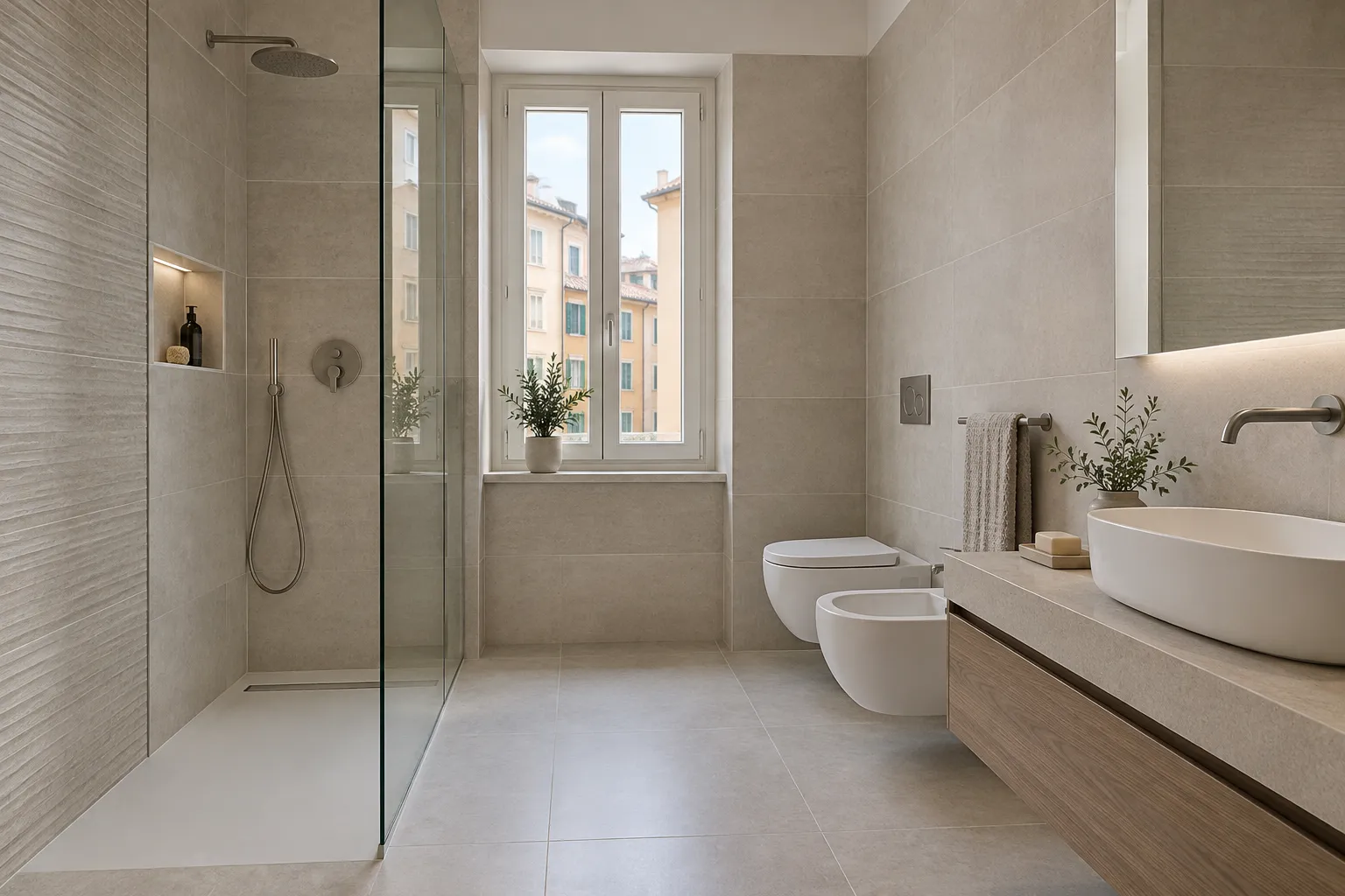 Bagno ristrutturato con rivestimento in gres e box doccia